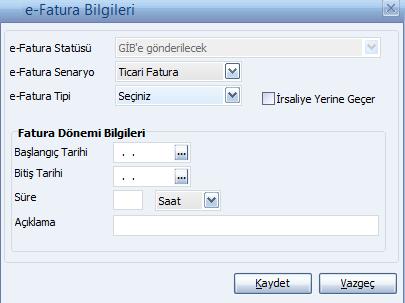 e-fatura Bilgileri e-fatura bilgileri, fatura üzerinde F9-sağ fare tuşu menüsündeki e-fatura Bilgileri seçeneği ile girilir.