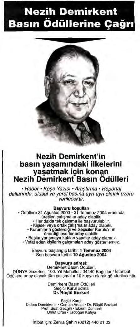 DÜNYA [ Ulusal Gazeteler ] NEZİH DEMİRKENT BASIN ÖDÜLLERİNE