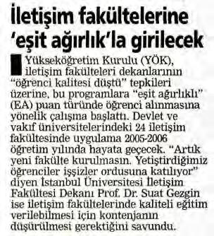 POSTA [ Ulusal Gazeteler ] İLETİŞİM FAKÜLTELERİNE 'EŞİT AĞIRLIKLA