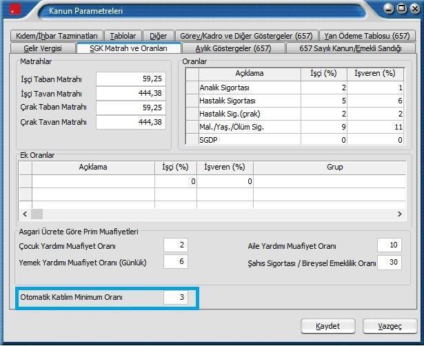 Bordro Plus BES Otomatik Katılım Kanun parametrelerindeki SGK Matrah