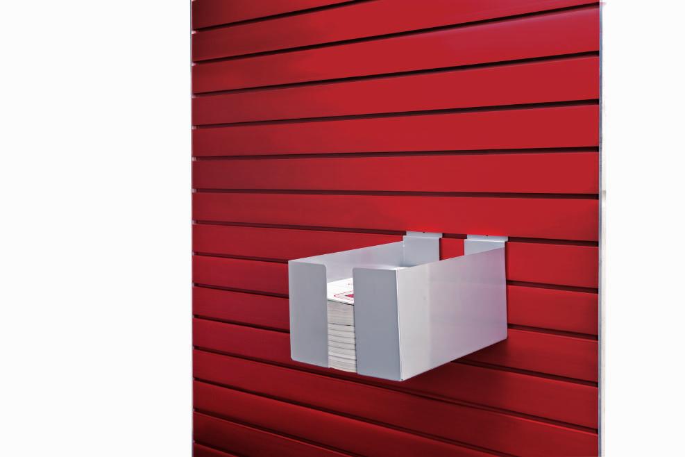 2 FlexiSlot Ürün Kutusu FlexiSlot- Kanallı levha duvar sisteminin oluğuna asılabilir.