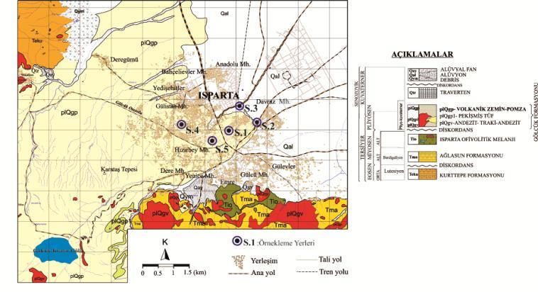 VOLKANİK ZEMİNİN JEOLOJİK ÖZELLİKLERİ Isparta Ovası ve çevresinde yer alan jeolojik birimler stratigrafik konumlarına göre Tersiyer den Kuvaterner e doğru filişler, ofiyolitik melanj, kumtaşları,