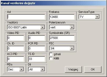 Aynı şekilde transponder listesinde farenin sağ tuşunua basabilirsiniz (kanal eklemek istediğiniz transponder burada da işaretlenmiş olması gerekiyor) ve "Yeni" altında "Bu transponderde TV kanalı"