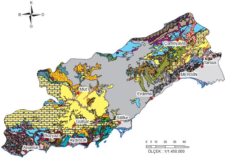 Mersin ili jeoloji haritası (MTA, 2009). www.esrefatabey.com.tr Yer altı suyu seviyeleri Yer altı suyu seviyeleri bakımından Mersin Ovası Berdan, Deliçay, Efrenk, Mezitli olarak 4 gruba ayrılmaktadır.