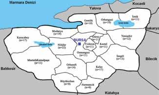 Bursa da Suların Hijyenik Kalitesinin Belirlenmesi Şekil 1. Su örneklerinin alındığı lokasyonlar ve örnek sayıları Figure 1.