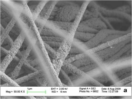 Şekil 4.56a-b de ise yapısında kütlece %10 PPy içeren % 7 lik P(AN-ko-VAc)-PPy kompozit nanoliflerin SEM görüntüleri ve ortalama nanolif çap dağılımları gösterilmiştir.