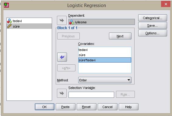 Bu ekranda bağımlı ve bağımsız değişkenleri eklememiz gerekmektedir. Ayrıca bağımsız değişkenlerin etkileşimini de (tercihen) eklemeliyiz.