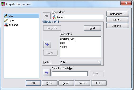 Bağımlı değişkeni Dependent kısmına bağımsız değişkenle ri de Coavariates