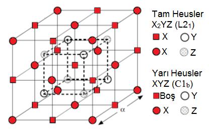 Şekil 2.12 Heusler alaşımlarının kristal yapısı Heusler alaşımlarının formülündeki X, Y ve Z elementlerinin yapısal özelliğe göre hangi elementler olabileceği tablo2.1 de verilmiştir.