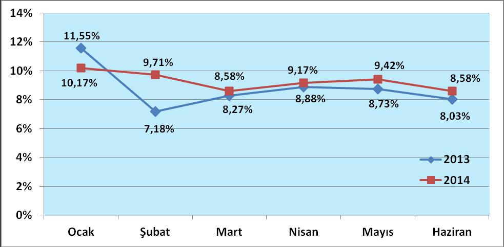 Bu nedenle 2013 yılında yüzde 53,14 olan gerçekleşme oranı, 2014 yılın aynı döneminde yüzde 55,64 olarak gerçekleşmiştir. Grafik 2.