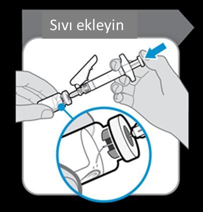 Toz, 1 ml çözücü kullanılarak sulandırılmalıdır. Enjektörden çözücü eklenirken flakon ve enjektör aşağıdaki diagramda gösterilen bir açı ile tutulmalıdır. Çözücüyü toz flakonuna ekleyin.