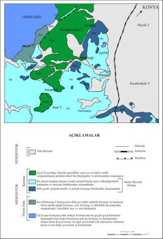 a Şekil 2. (a) Meram-Çayırbağı Bölgesi nin Jeolojik Haritası; (b) Meram-Çayırbağı bölgesinin Mesozoyik stratigrafisi (Özcan ve diğ.
