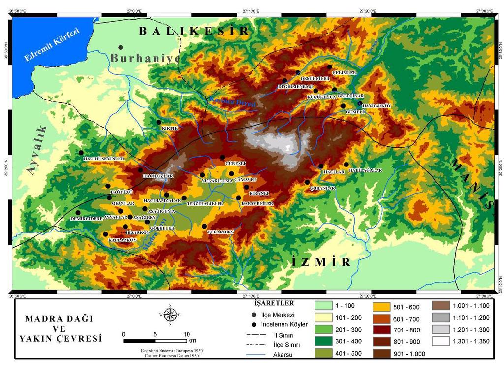 Madra Dağı ve Çevresinin Arazi Örtüsü/Kullanimindaki Zamansal Değişimin Uzaktan Algılama Yöntemi İle Değerlendirilmesi alanlar, 3- Beşeri yapılar, 4- Tarım, 5- Deniz Göl, 6- Açık-çıplak alanlar, 7-