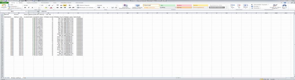 MALİ BİLGİLER PRİM SAYFASI TAMAM BUTONUNA BASINCA AŞAĞIDAKİ TABLO EXCELL SAYFASI