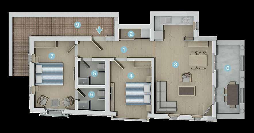 7 NO LU EV 2+1 Düz 1. Hol 6,28m 2 2. Vestiyer/Çamaşır: 1,84 m 2 3. Salon Mutfak: 25,58 m 2 4. Yatak Odası: 11,53 m 2 5. Banyo: 3,26 m 2 6. Ebeveyn Banyosu: 3,01 m 2 7.