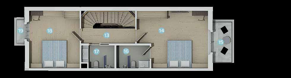 Ebeveyn Yatak Odası: 19,24 m 2 15. Balkon: 4,92 m 2 16. Ebeveyn Banyosu: 3,88 m 2 17. Banyo: 3,64 m 2 18. Yatak Odası: 14,98 m 2 19.