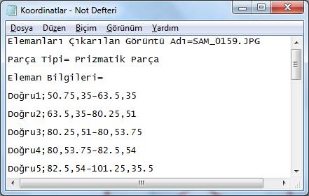 Eğer tanımlanan eleman bilgileri programda görülmek isteniyorsa unsurlar sekmesinin altından Eleman Bilgilerini Gör tuşuna basılarak elemanlar ve koordinat bilgilerine ulaşılabilir (Şekil