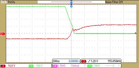 Şekil 5.14 : Çıkış akımı 11 A, B Mosfeti D-S ve kapı gerilimi. Şekil 5.15 de çıkış akımı 11 A değerindeyken alınan D kanalı ile sürülen Mosfet D-S (drain-source) ve kapı gerilimleri görülmektedir.