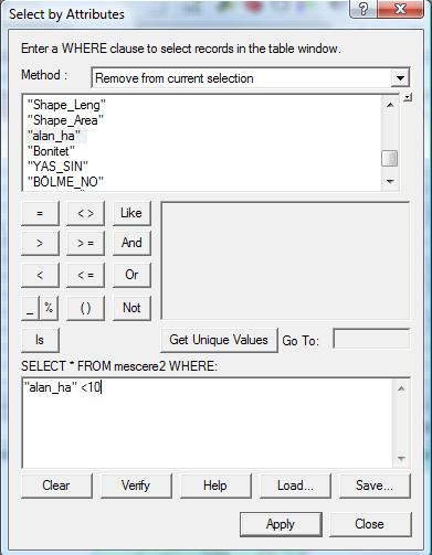 Veya size verilen veri tabanından ziraat alanlarını seçtiniz ve bu alanlardan 10 hektardan küçük alanları elemek istiyorsunuz?
