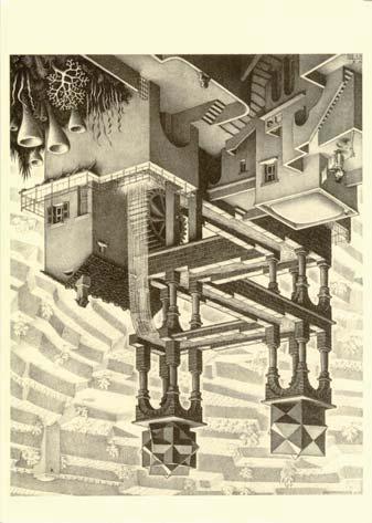 YIL 2, SAYI 5, EK Sayfa 19 Resim 6: Waterfall - 1961 [Litografi] Resim 7: Up and Down - 1947 [50,5 x 20,5 cm, Litografi, High and Low olarak da adland r lm t r] Escher, bir hikaye anlatmak için