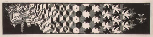 Bir talyan sahilinin, konveks poligonlar yoluyla renkli bir insan figürünün ortaya ç kmas na kadar düzlem üzerindeki düzenli bir yap ya dönü erek ba kala t n (metamorf) gösteren çal ma; Escher in bak