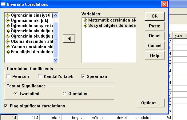 Parametrik Olmayan Korelasyon Testi (Spearman) H0 (boş hipotez): Öğrencilerin matematik notları ile sosyal bilgiler notları