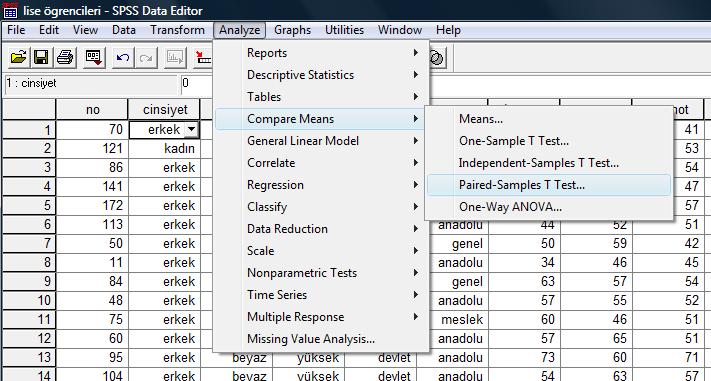 Eşli Örneklemler için t-testi (Eşlenik t-testi) Öğrencilerin matematik ve sosyal bilgiler derslerinden