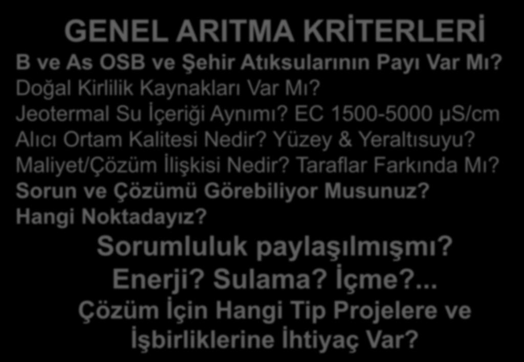 Jeotermal Atıksu/Kaynak İçilebilirliği, GENEL Sulamayı, Miktar ARITMA ve Endüstriyel KRİTERLERİ Kalite Kullanımı Engelleme/Destekleme?