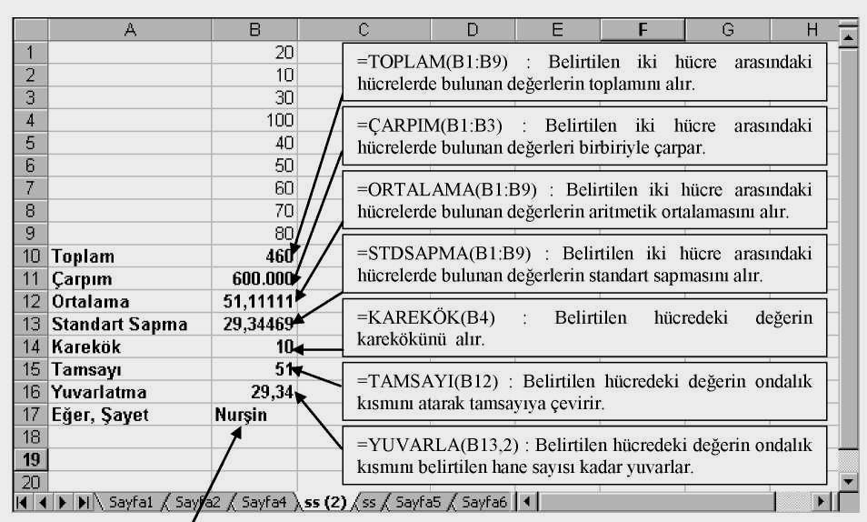 =EĞER(B4<B5; Mehmet ; Nurşm ) : Belirtilen iki hücredeki değeri karşılaştırır. Karşılaştırmanın sonucu doğru ise birinci işlem, yanlış ise ikinci işlem yapılır.