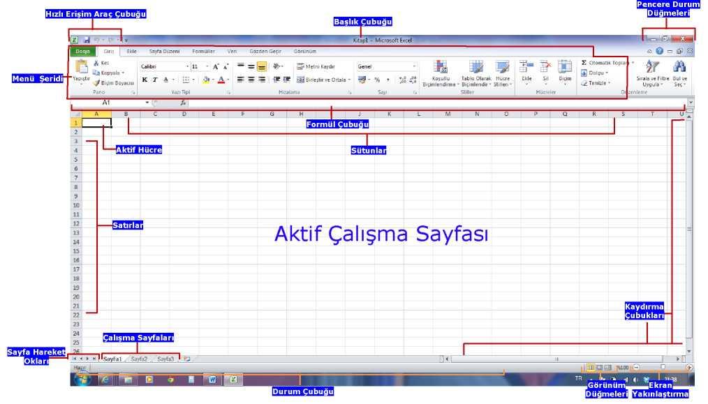 1. EXCEL İN GENEL YAPISI Excel çalıştırıldığında standart olarak aşağıdaki şekilde görüldüğü gibi üzerinde çalışmaların yapıldığı