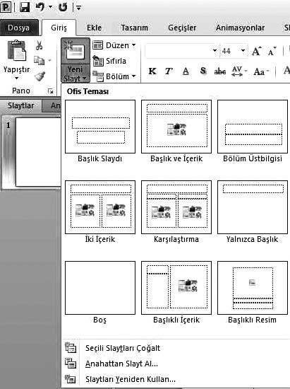 5. Ünite - Ofis Yaz l mlar -Sunu Programlar 107 fiekil 5.10 Girifl sekmesinin Slaytlar grubundaki Yeni Slayt menüsü ve slayt düzenleri. Slaytta yer tutucular n yerleflimine slayt düzeni denir.