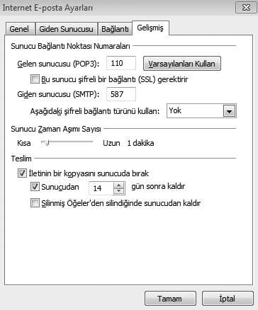 142 Temel Bilgi Teknolojileri-I fiekil 6.18 Gelen (POP3) ve Giden (SMTP) Sunucusu ba lant noktas ayarlar.