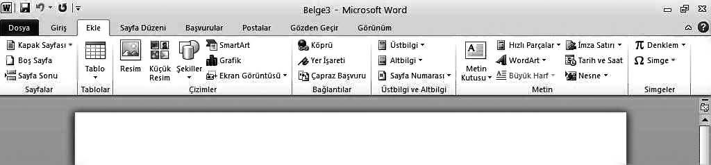 3. Ünite - Ofis Yaz l mlar -Sözcük fllemciler ve Belge Sistemleri 63 Ekle Sekmesi Bu sekmede komutlar Sayfalar, Tablolar, Çizimler, Ba lant