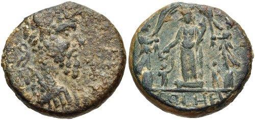 27 SNG München 1037-1039. SNG Cop 434. Katalog 22 Ö.Y. Philippos I. A.Y. Ayakta sol elinde bereket boynuzu tutan Tykhe, Tykhe nin iki yanında küçük figür olarak betimlenmiş iki Kabeiroi.