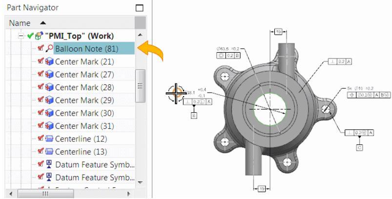 PMI (Product and Manufacturing Information) PMI için Part Navigator PMI objesi ekranda