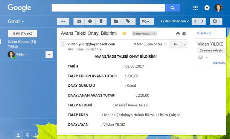 4- Avans/İade Talebi Onay işlemi ile birlikte mail gönderilebilecektir.