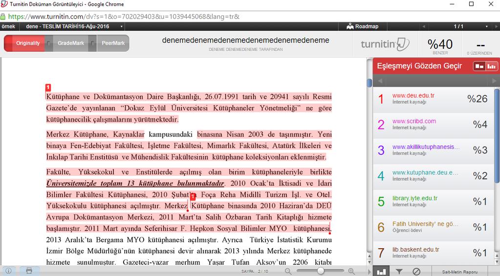 Yüzde olarak çıkan benzerlik sonucunun üzerine tıkladığınızda aşağıdaki ekrana benzer bir görünüm ile karşılaşacaksınız.