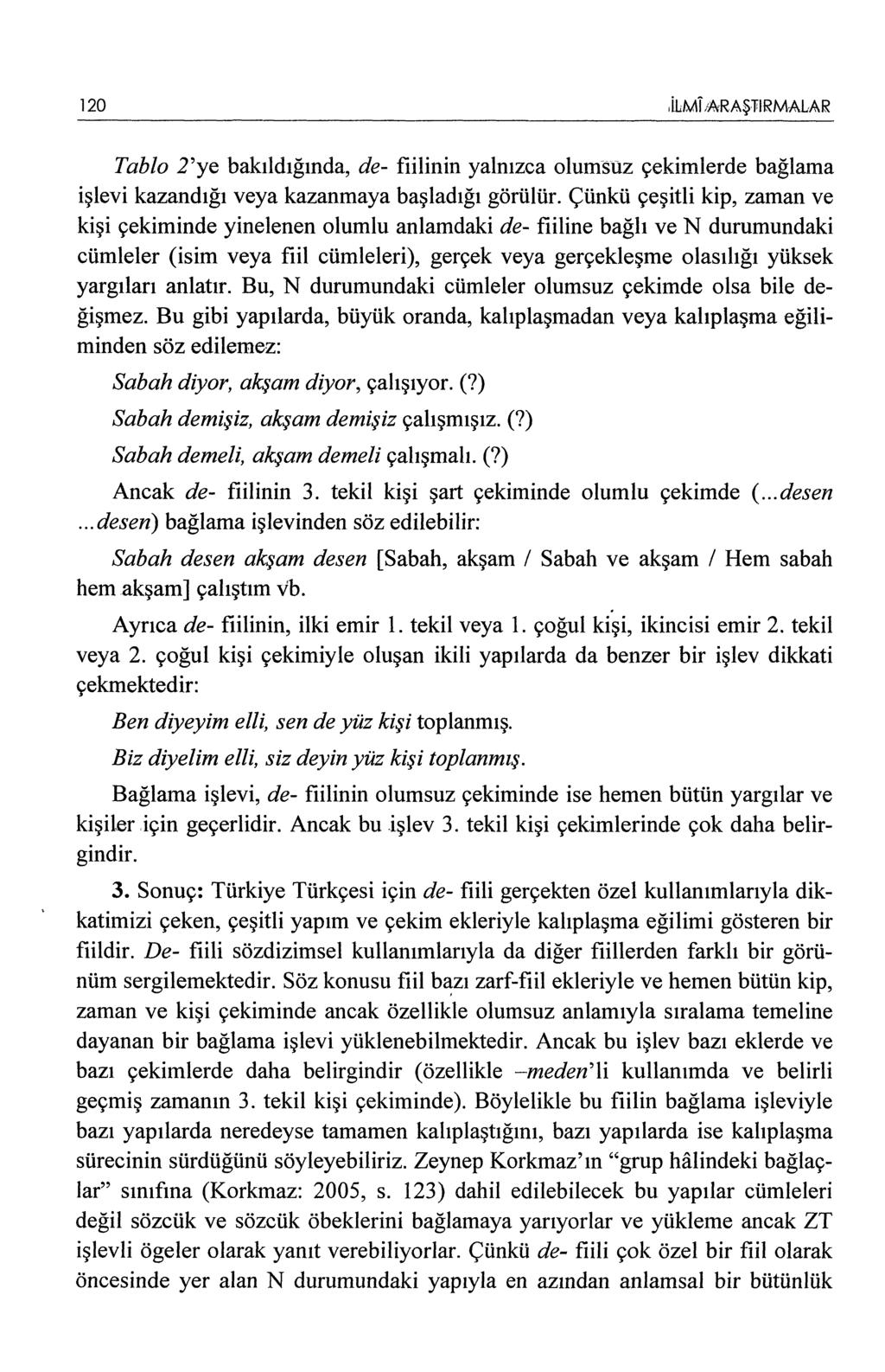 120,iLMi,ARAŞl'IRMALAR Tablo 2'ye bakıldığında, de- fiilinin yalnızca olumsuz çekimlerde bağlama işlevi kazandığı veya kazanmaya başladığı görülür.