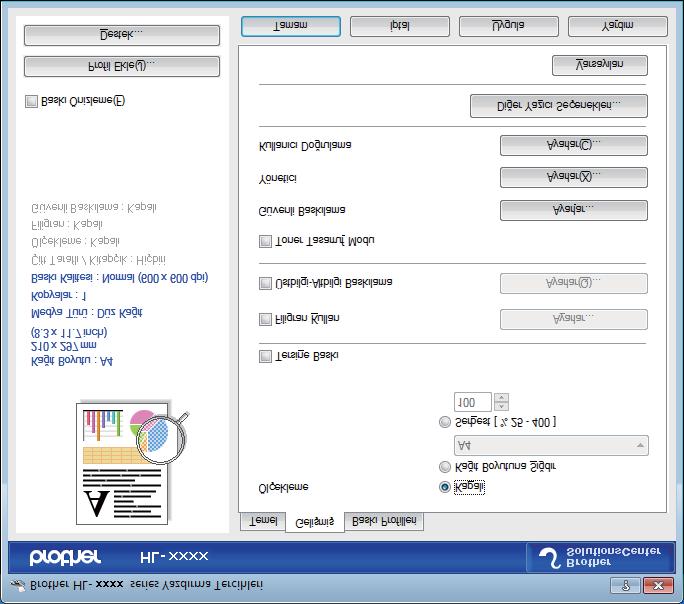 Sürücü ve Yazılım Gelişmiş sekmesi 2 2 1 2 3 4 5 6 7 8 9 Aşağıdaki ayarlara tıklayarak sekme ayarlarını değiştirin: (1) Ölçekleme (2) Tersine Baskı (3) Filigran Kullan (4) Üstbilgi-Altbilgi Baskılama