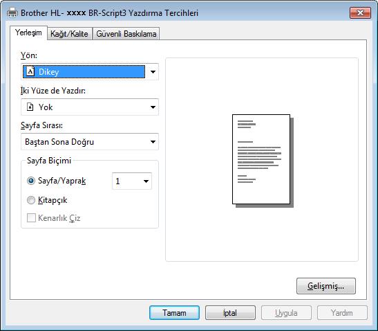 Sürücü ve Yazılım BR-Script3 yazıcı sürücüsündeki özellikler (PostScript 3 dil emülasyonu) 2 NOT Bu bölümdeki ekranlar Windows 7 den alınmıştır.