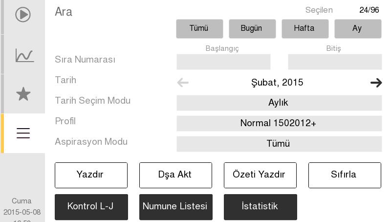 5. Kalite Kontrol Kalite Güvence İşlevleri Kontrol ve Kalibratör Arama İşlevi Operatör önceki kontrol ve kalibratör analizlerin arayabilir, istatistikleri görebilir ve KK örnekleri ile özet