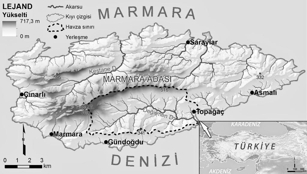 Şekil 1. Örnek havzanın konumu Uygulama aşamasında akarsu vadilerine ait yatak eğimleri dört farklı şekilde hesaplanmıştır.