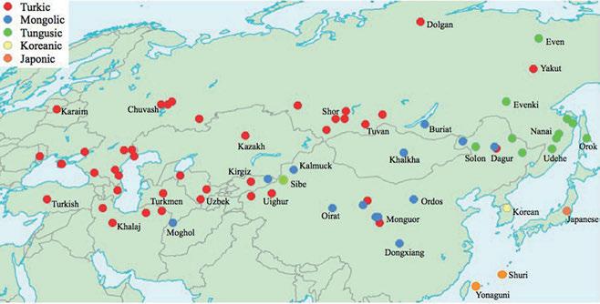 103 Resim 5. Altay Dillerinin Konuşulduğu Bölgeler (Robbeets, 2015, s.5). 3.1.1. Altay Dilleri Ailesinin Üyeleri Altay dilleri temelde üç büyük dil grubundan oluşmaktadır: Türkçe, Moğolca ve Tunguzca.