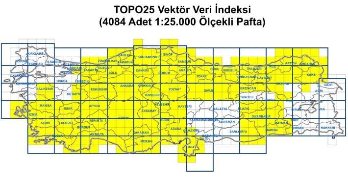 2015 yılının sonuna kadar Harita Genel Komutanlığınca sayısal fotogrametrik yöntemlerle üretimi tamamlanmış vektör verilerin tamamı TOPO25 e aktarılacaktır (Şekil.4).