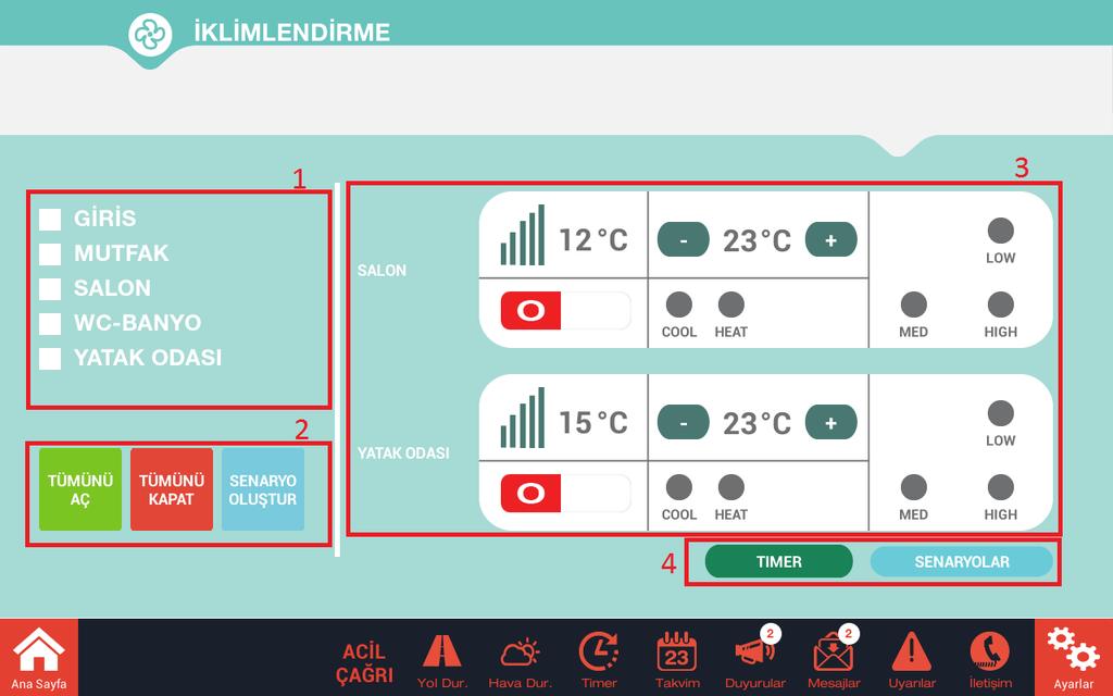 3. İKLİMLENDİRME Ana Sayfadan İklimlendirme butonuna basıldığında yukarıda ki gibi bir ekran ile karşılaşılır. (Gösterim daire tipine göre değişiklik gösterebilir.