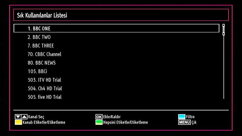 Kanal Yönetimi: Sık Kullanılanlar Bir sık kullanılan programlar listesi oluşturabilirsiniz. Ana menüyü görüntülemek için MENU tuşuna basınız veya tuşuna basarak Kanal Listesi öğesini seçiniz.