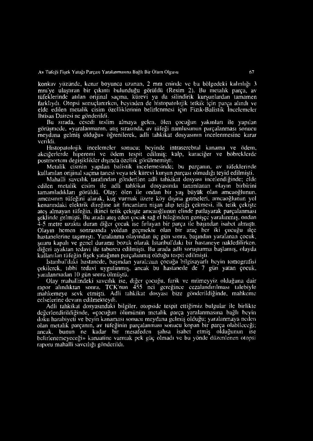 Otopsi sonuçlanırken, beyinden de histopatulojik tetkik için parça alındı ve elde edilen metalik cisim özelliklerinin belirlenmesi için Fizık-Balistik incelemeler İhtisas Dairesi ne gönderildi.