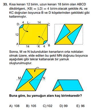 Alanları oranı ise, kenar uzunlukları oranı dir. ABCD karesinin bir kenarına, CEFG karesinin ise bir kenarına 1 birim diyelim. Buna göre AC köşegeni birimdir. Buradan; AG 1 3 buluruz.