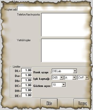 göstermektedir. Doğal olarak bir müşteri değişik zamanlarda çok sayıda standart getirebileceğinden, bir müşteri altına sınırsız sayıda standart kaydedilebilir.