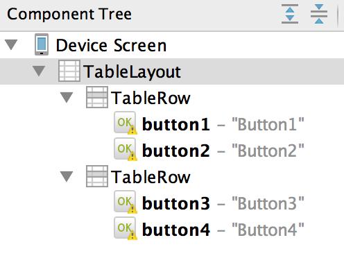 android:id="@+id/button2" /> </TableRow> <TableRow> android:text="button3" android:id="@+id/button3"/> android:text="button4"